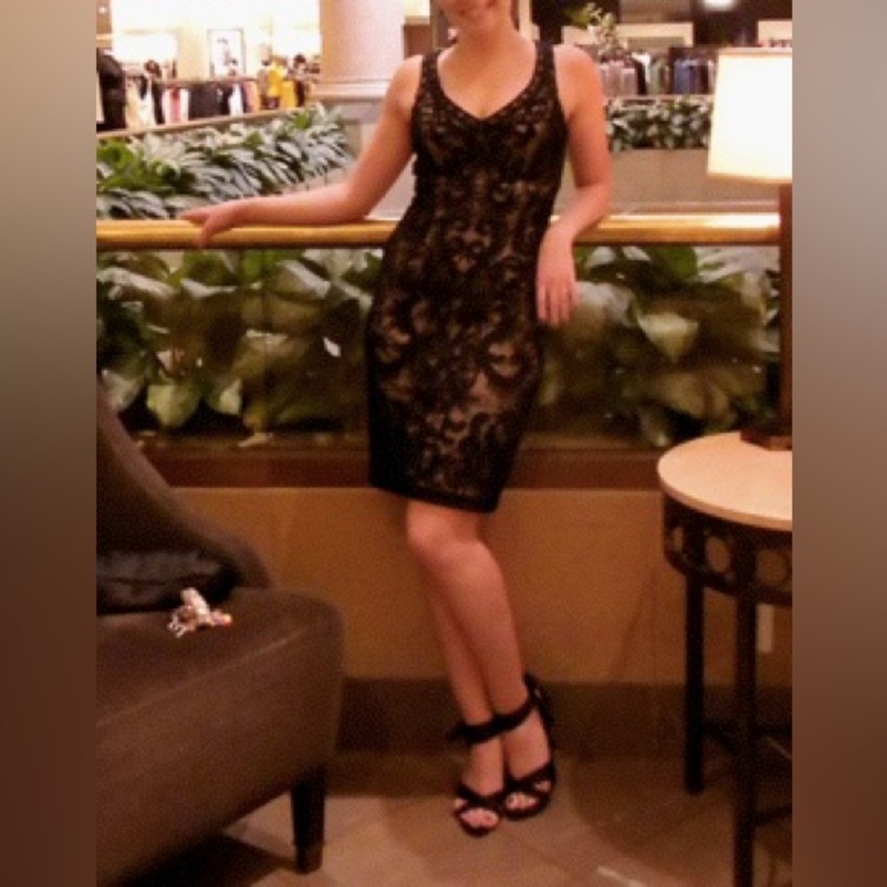 Sue Wong classic nude/black illusion bodycon cocktail dress 0